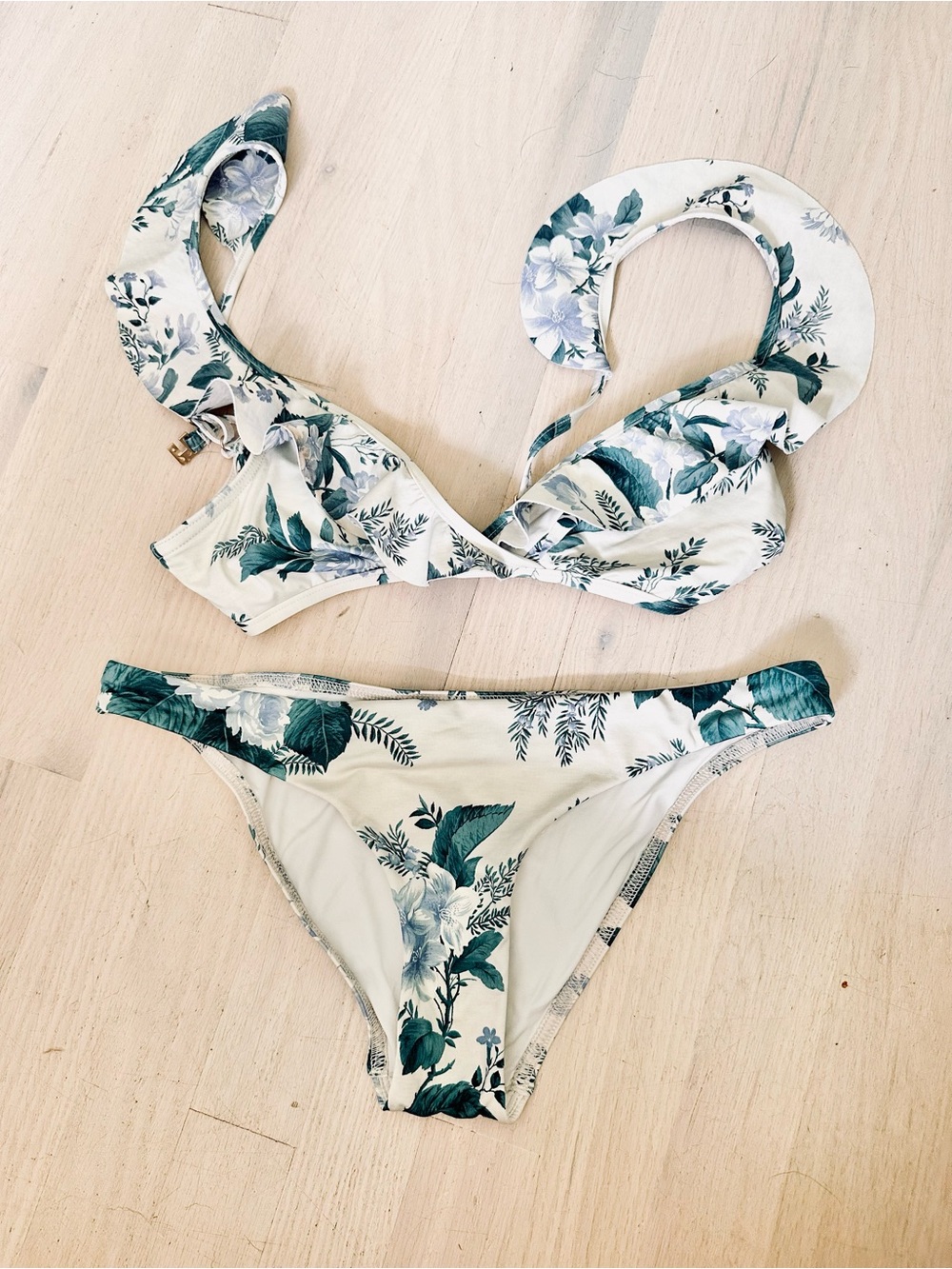 Zimmermann Cream Floral Bikini Set with Teal and Lavender Print